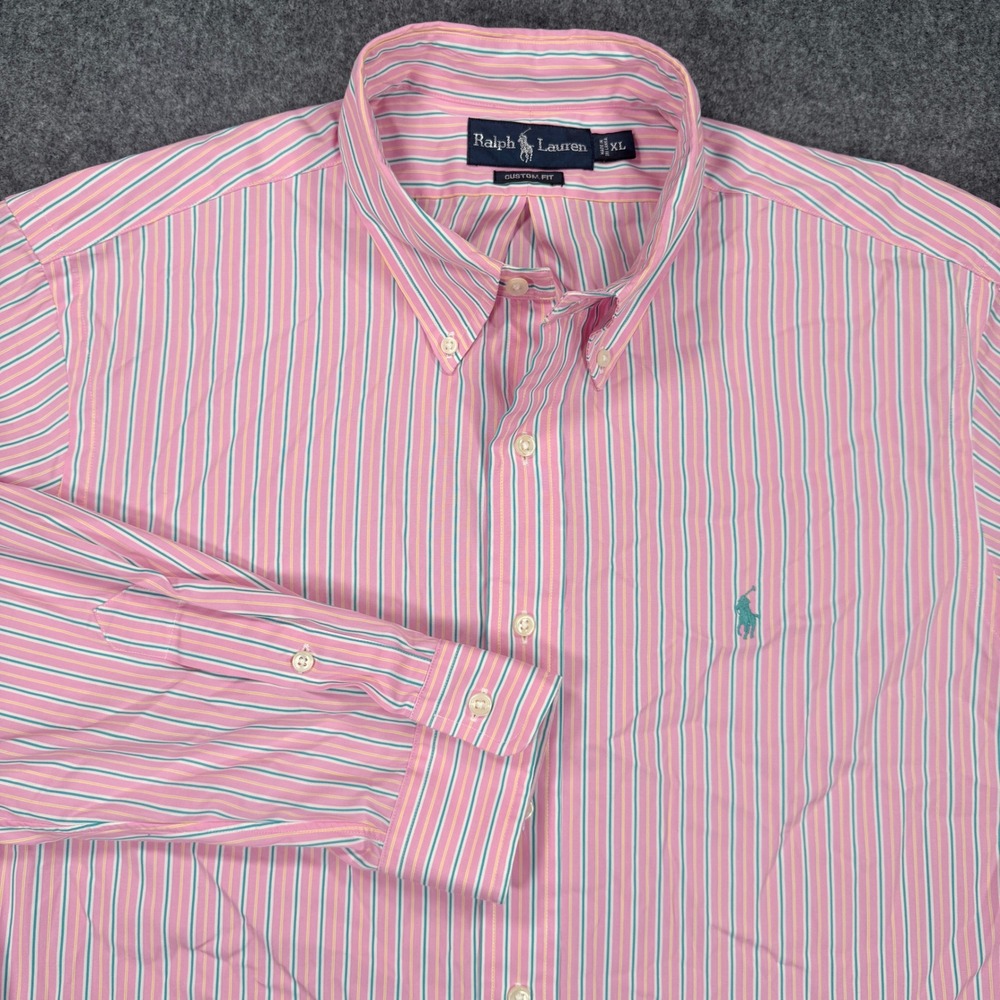 Ralph Lauren Mens XL Custom Fit Pink Teal Striped Button Down Shirt Long Sleeve